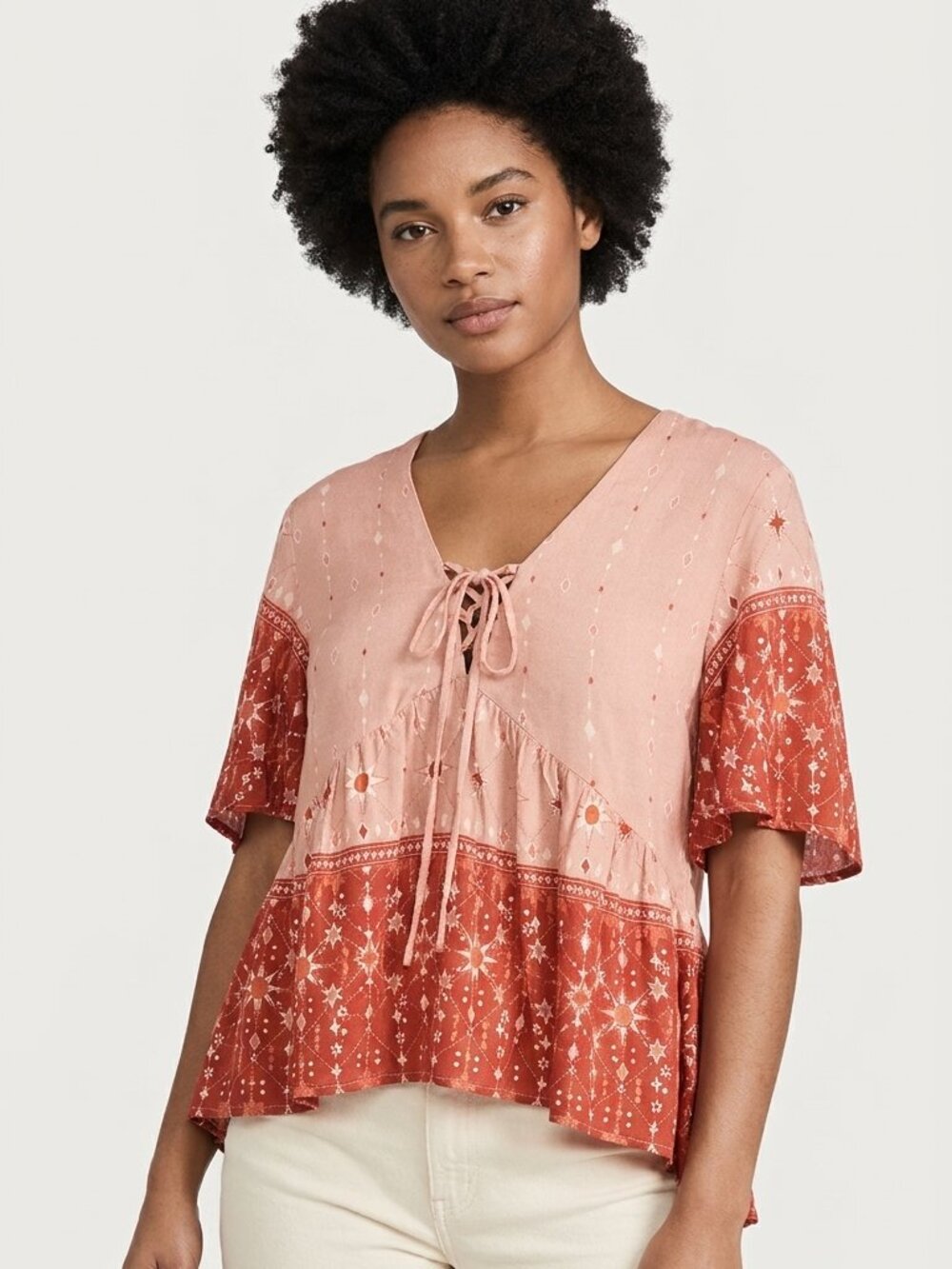 Some Days Lovin Boho Print Top Lace-Up Tie Front Peach Rust Small